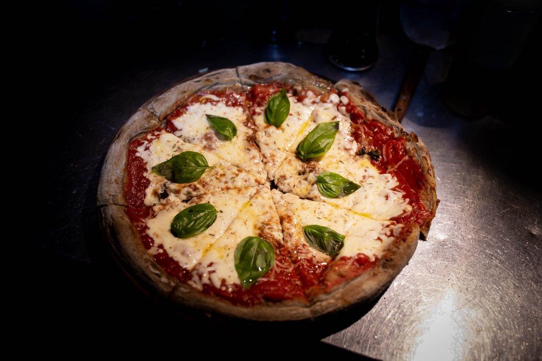 Charfused Margherita pizza
