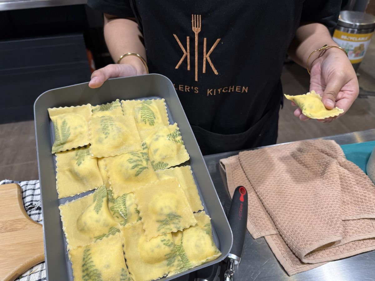 A student's finished tray of ravioli, Chef Moreno Benigno class at KESSLER'S Kitchen