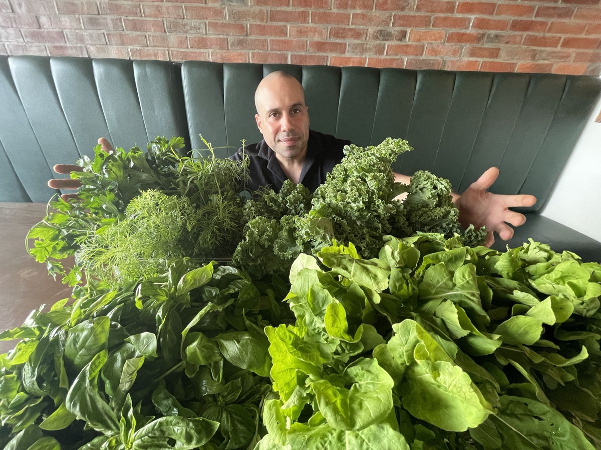 Chef Moreno Benigno with fresh herbs and greens