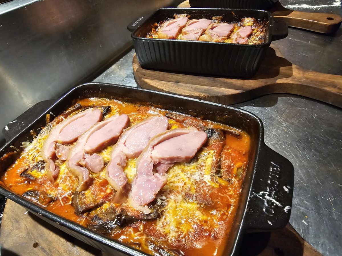 Eggplant parmigiana with smoked duck breast, by Chef Moreno Benigno