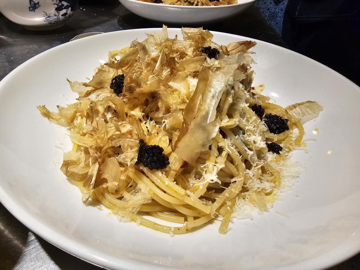 Spaghetti aglio e olio with katsuobushi, by Chef Moreno Benigno